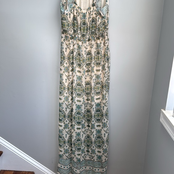 Free People lace front maxi dress double front slit Moroccan cream green print - Picture 10 of 16